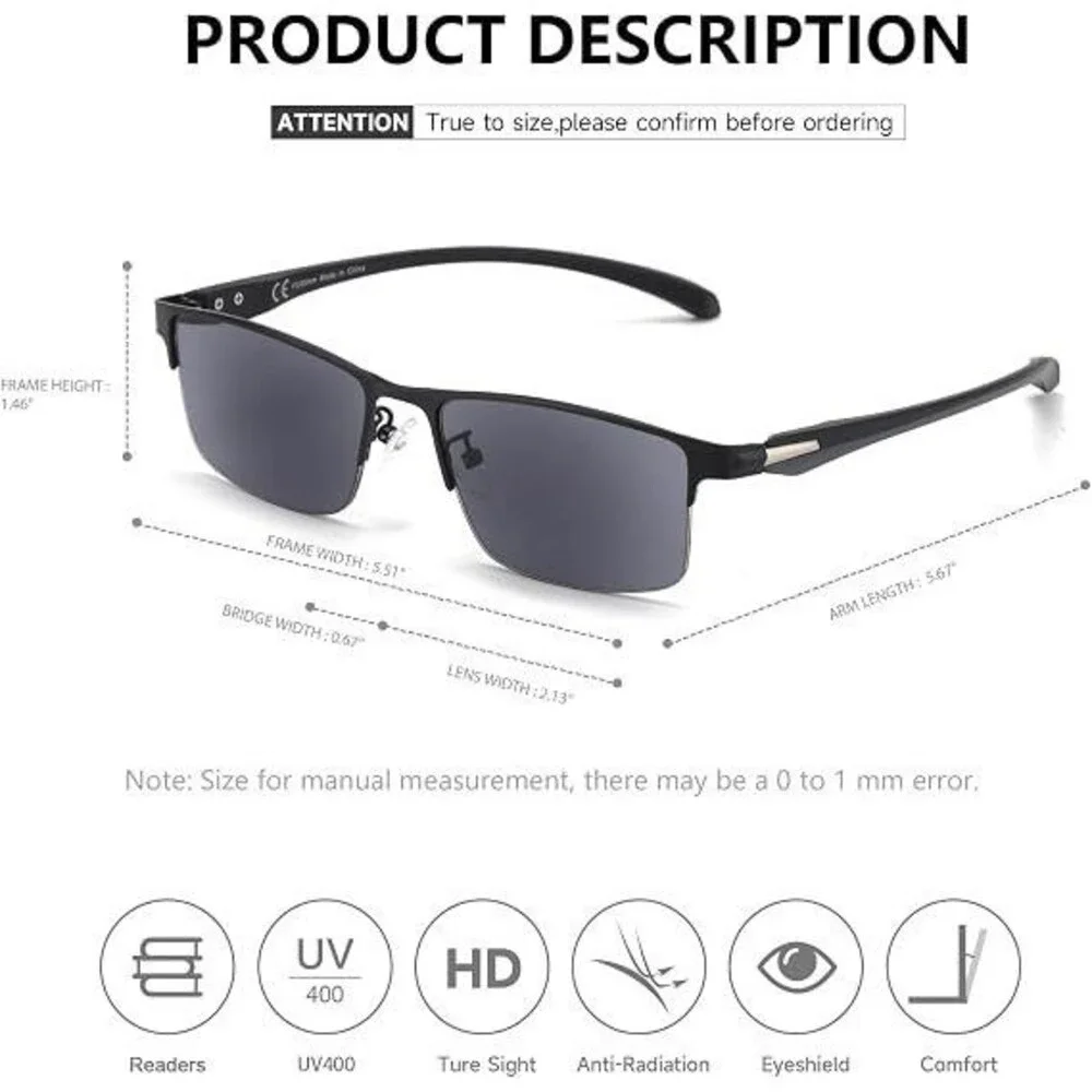 2 Pack  Tr90 Men's Reading Glasses Half Frame Black & Gunmetal Size 1. 75x